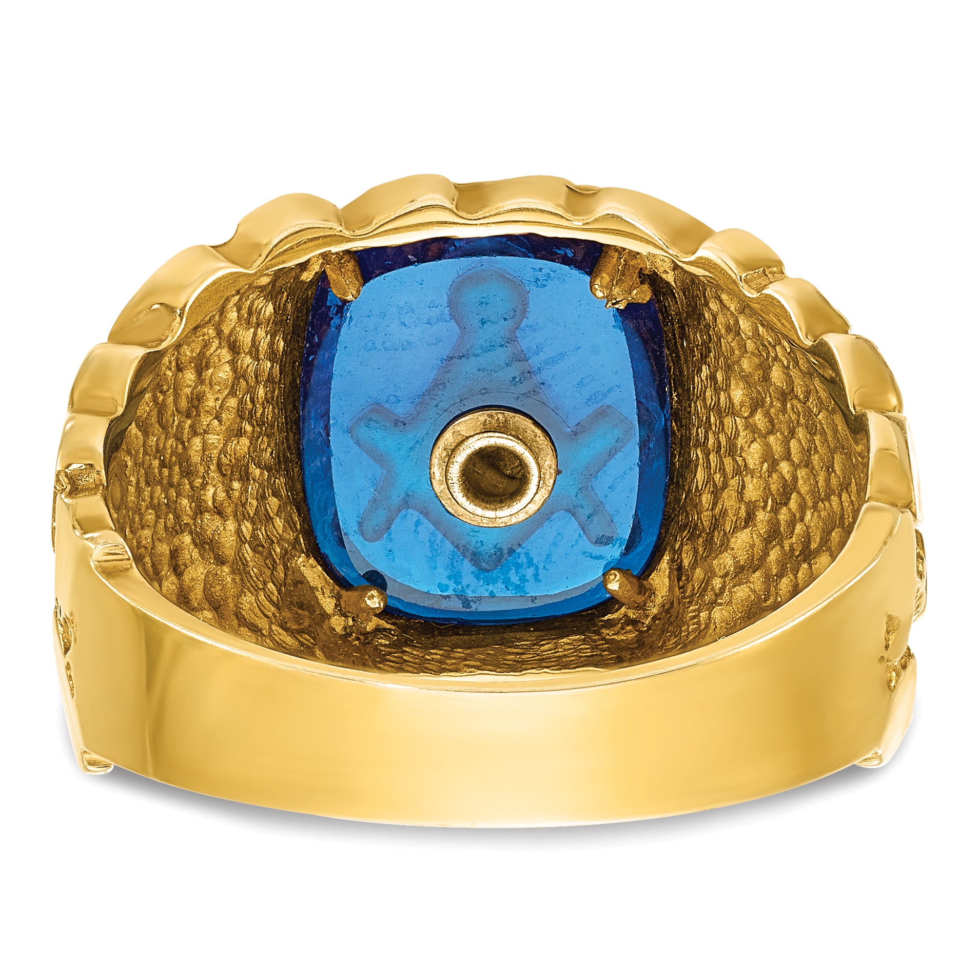 10K Yellow Gold Ibgoodman Men'S Polished And Nugget Textured With Blue Enamel Lab Created Sapphire Lodge Master Masonic Ring