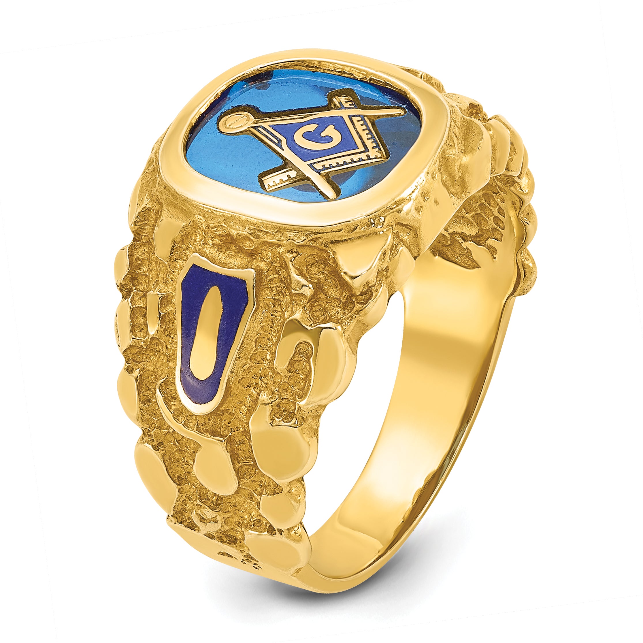 10K Yellow Gold Ibgoodman Men'S Polished And Nugget Textured With Blue Enamel Lab Created Sapphire Lodge Master Masonic Ring