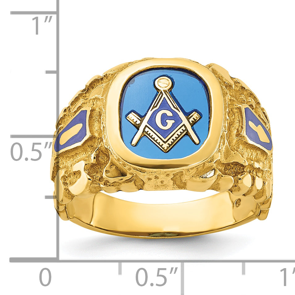 10K Yellow Gold Ibgoodman Men'S Polished And Nugget Textured With Blue Enamel Lab Created Sapphire Lodge Master Masonic Ring