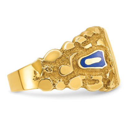 10K Yellow Gold Ibgoodman Men'S Polished And Nugget Textured With Blue Enamel Lab Created Sapphire Lodge Master Masonic Ring