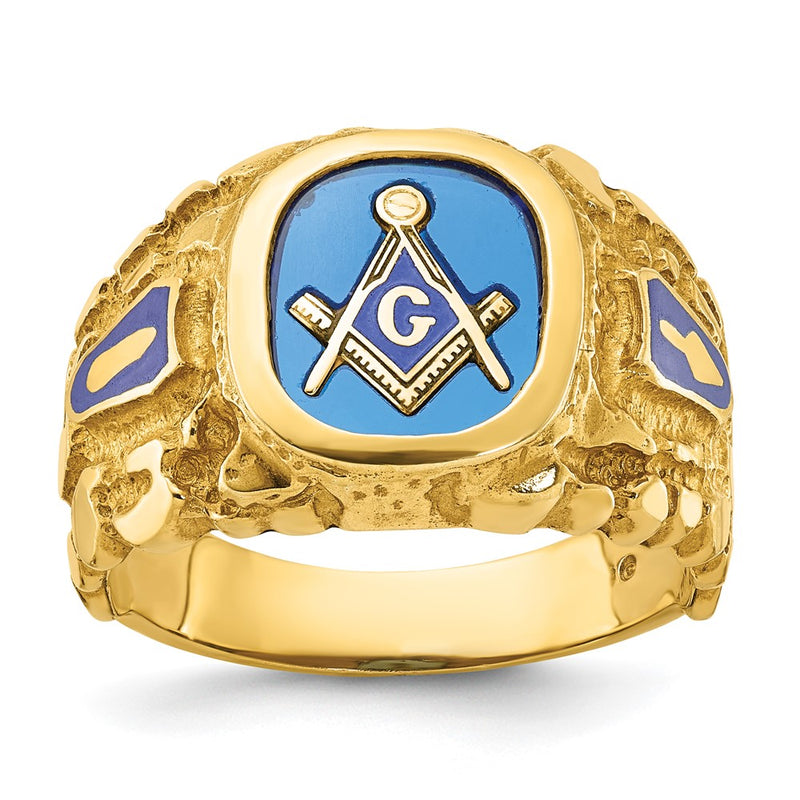 10K Yellow Gold Ibgoodman Men'S Polished And Nugget Textured With Blue Enamel Lab Created Sapphire Lodge Master Masonic Ring
