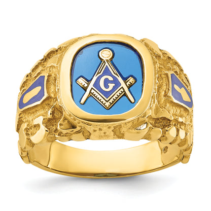 10K Yellow Gold Ibgoodman Men'S Polished And Nugget Textured With Blue Enamel Lab Created Sapphire Lodge Master Masonic Ring