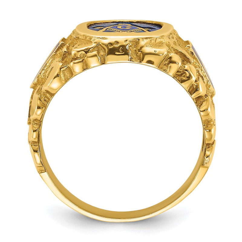 14k Yellow Gold Men's Polished and Nugget Textured with Blue Enamel and Lab Created Sapphire Blue Lodge Master Masonic Ring