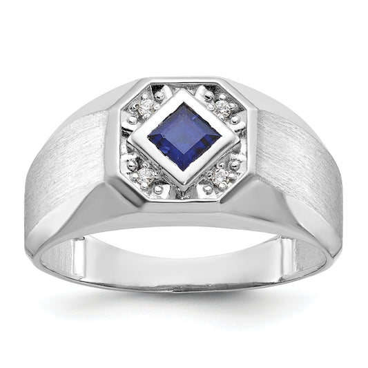 14k White Gold Men's Created Sapphire and 1/20 carat Diamond Satin Complete Ring