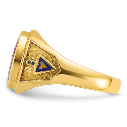 14k Yellow Gold Men's Polished and Textured with Blue Enamel and Lab Created Ruby Blue Lodge Master Masonic Ring