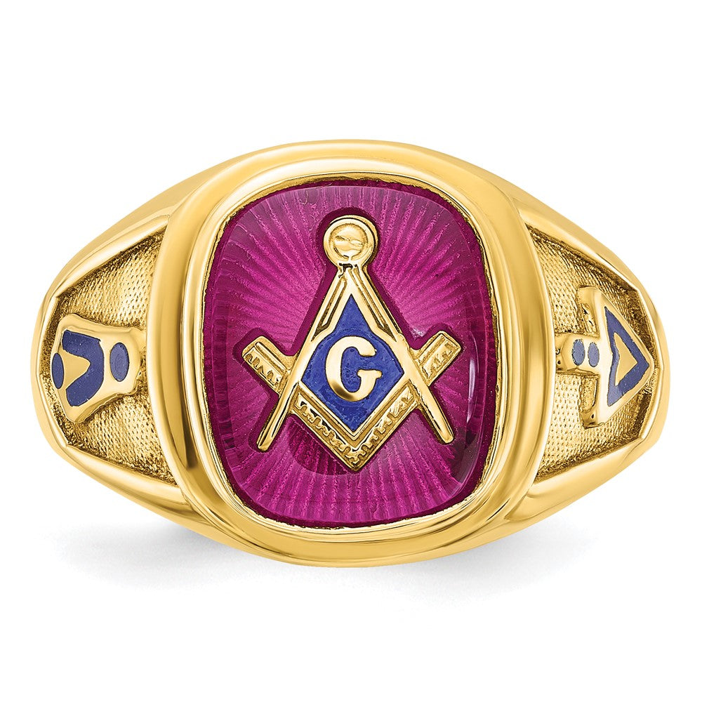 14k Yellow Gold Men's Polished and Textured with Blue Enamel and Lab Created Ruby Blue Lodge Master Masonic Ring