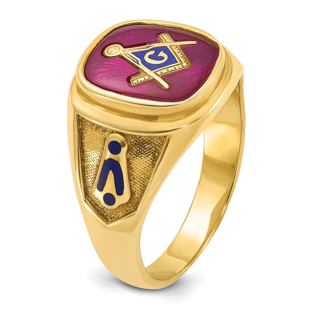 14k Yellow Gold Men's Polished and Textured with Blue Enamel and Lab Created Ruby Blue Lodge Master Masonic Ring