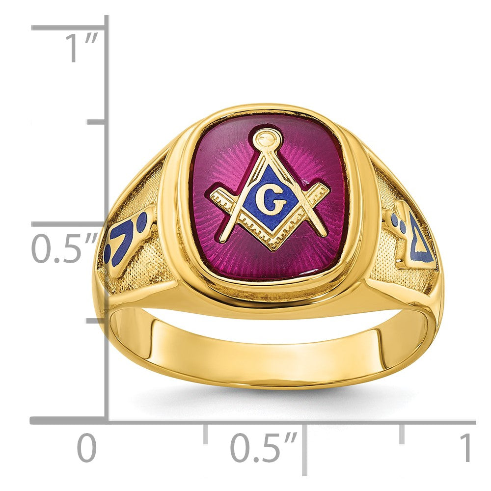 14k Yellow Gold Men's Polished and Textured with Blue Enamel and Lab Created Ruby Blue Lodge Master Masonic Ring