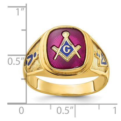14k Yellow Gold Men's Polished and Textured with Blue Enamel and Lab Created Ruby Blue Lodge Master Masonic Ring