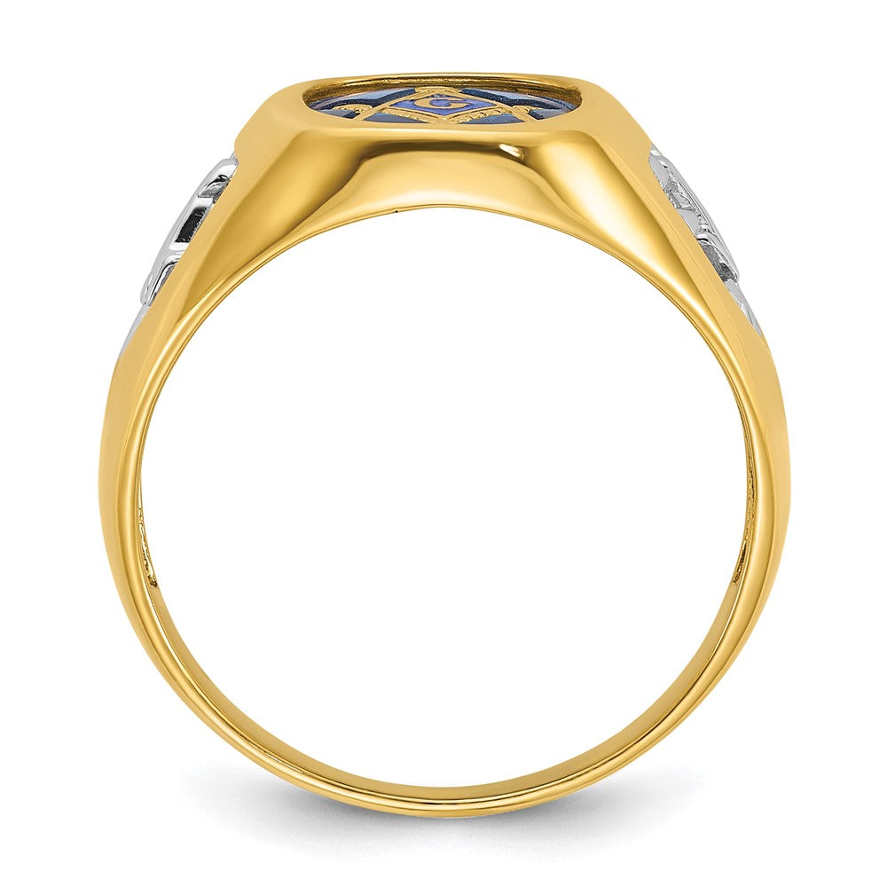10K Yellow Gold Ibgoodman With White Rhodium Men'S Polished And Textured Lab Created Sapphire Blue Lodge Master Masonic Ring