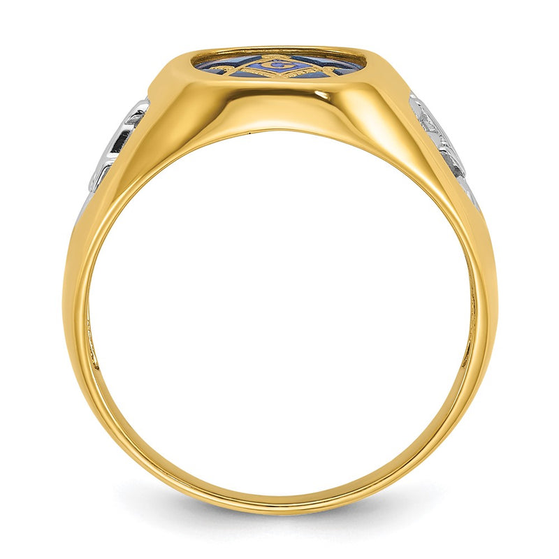 10K Yellow Gold Ibgoodman With White Rhodium Men'S Polished And Textured Lab Created Sapphire Blue Lodge Master Masonic Ring