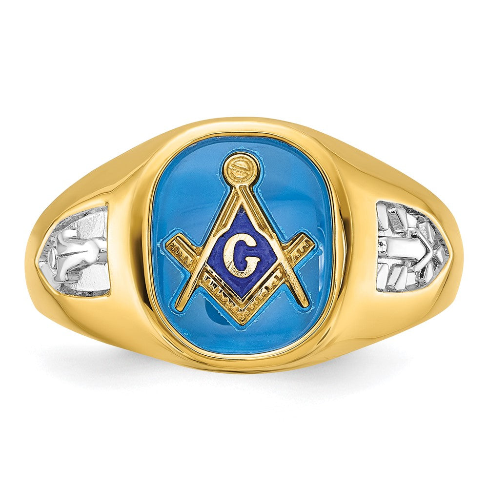 10K Yellow Gold Ibgoodman With White Rhodium Men'S Polished And Textured Lab Created Sapphire Blue Lodge Master Masonic Ring