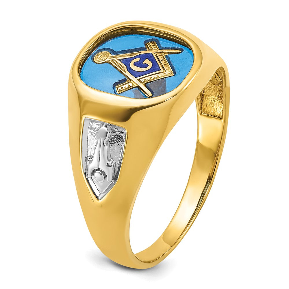10K Yellow Gold Ibgoodman With White Rhodium Men'S Polished And Textured Lab Created Sapphire Blue Lodge Master Masonic Ring