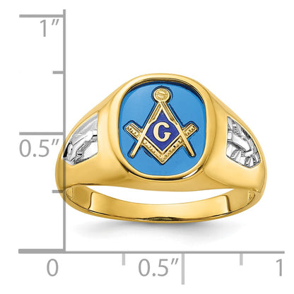 10K Yellow Gold Ibgoodman With White Rhodium Men'S Polished And Textured Lab Created Sapphire Blue Lodge Master Masonic Ring
