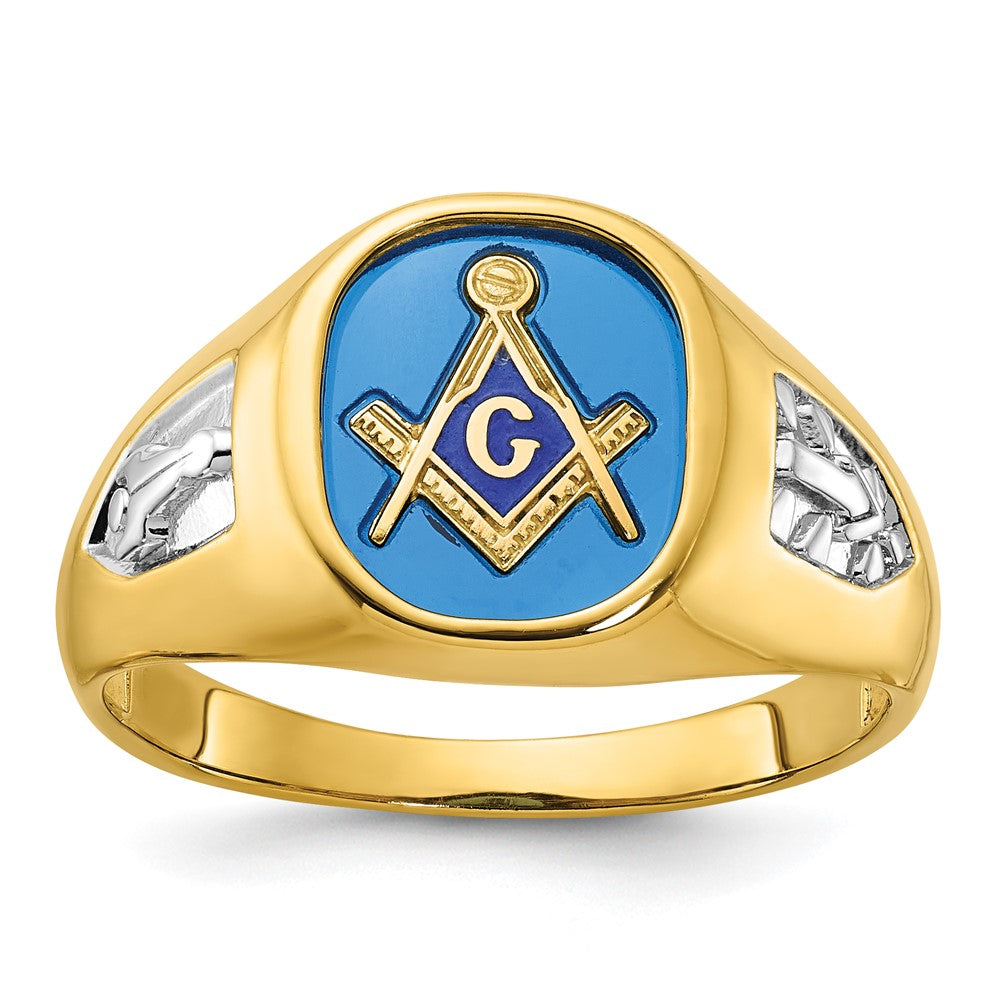 10K Yellow Gold Ibgoodman With White Rhodium Men'S Polished And Textured Lab Created Sapphire Blue Lodge Master Masonic Ring