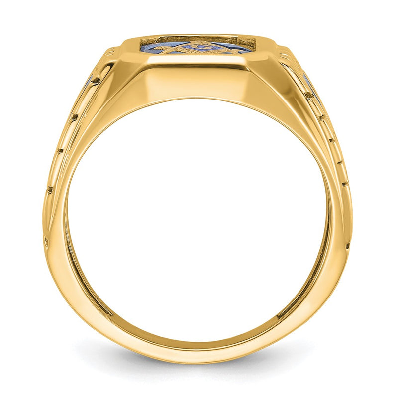 10K Yellow Gold Ibgoodman Men'S Polished And Textured With Blue Enamel Lab Created Sapphire Lodge Master Masonic Ring
