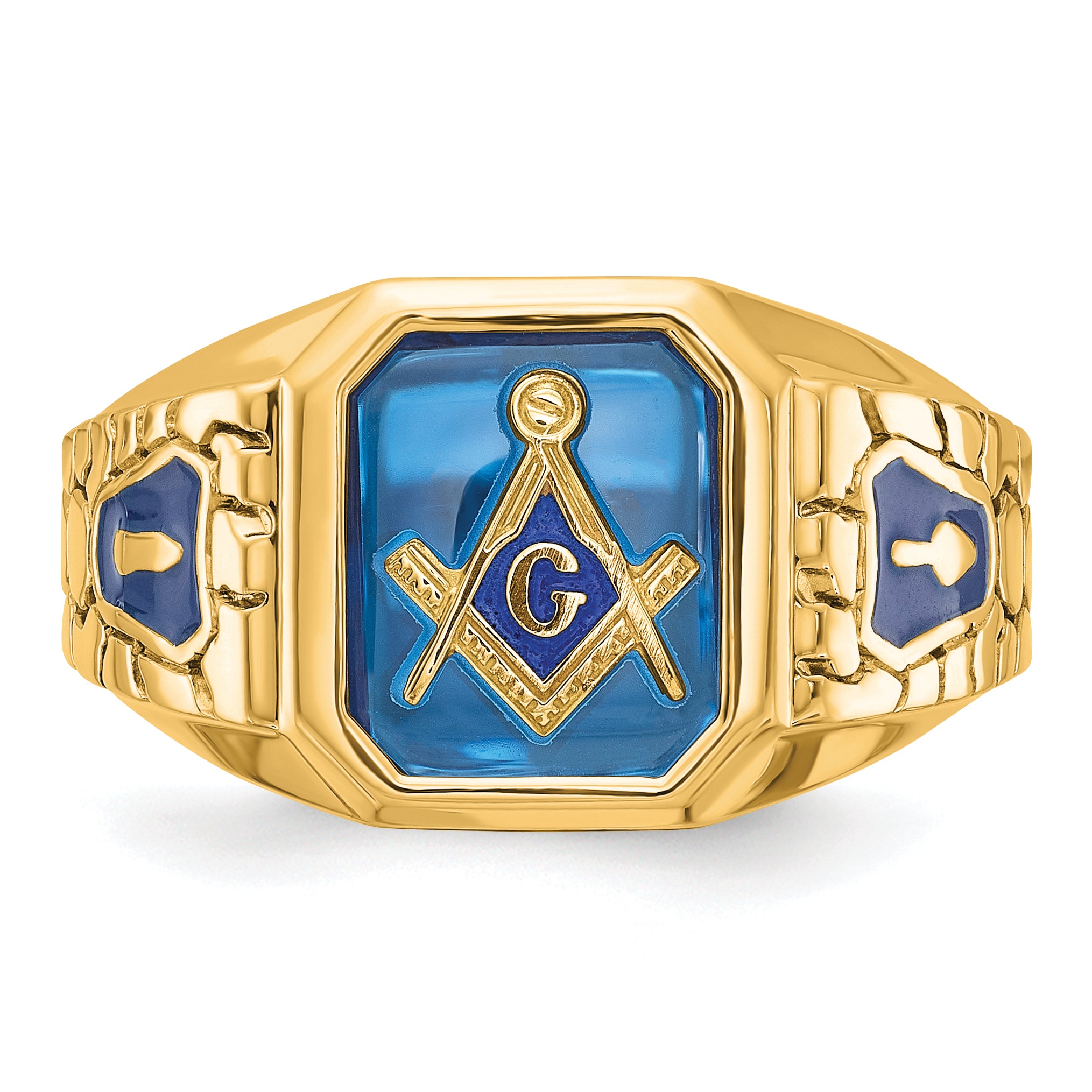 10K Yellow Gold Ibgoodman Men'S Polished And Textured Blue Lodge Master Masonic Ring Mounting