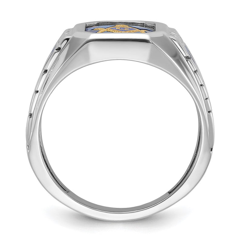 14k White Gold Men's Polished and Textured with Blue Enamel and Lab Created Sapphire Blue Lodge Master Masonic Ring