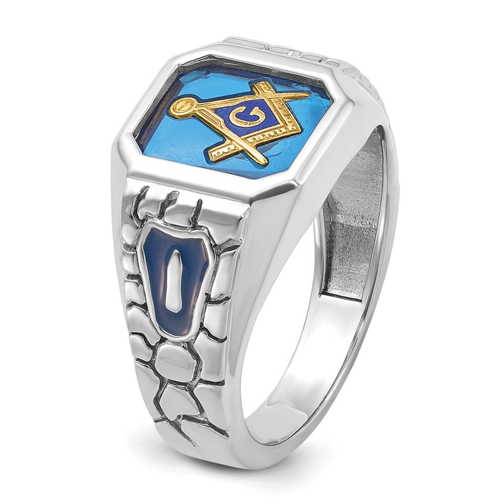 14k White Gold Men's Polished and Textured with Blue Enamel and Lab Created Sapphire Blue Lodge Master Masonic Ring