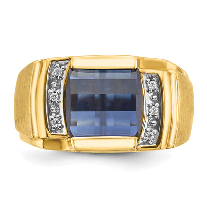 14k Yellow Gold Men's Created Sapphire and 1/20 carat Diamond Complete Ring