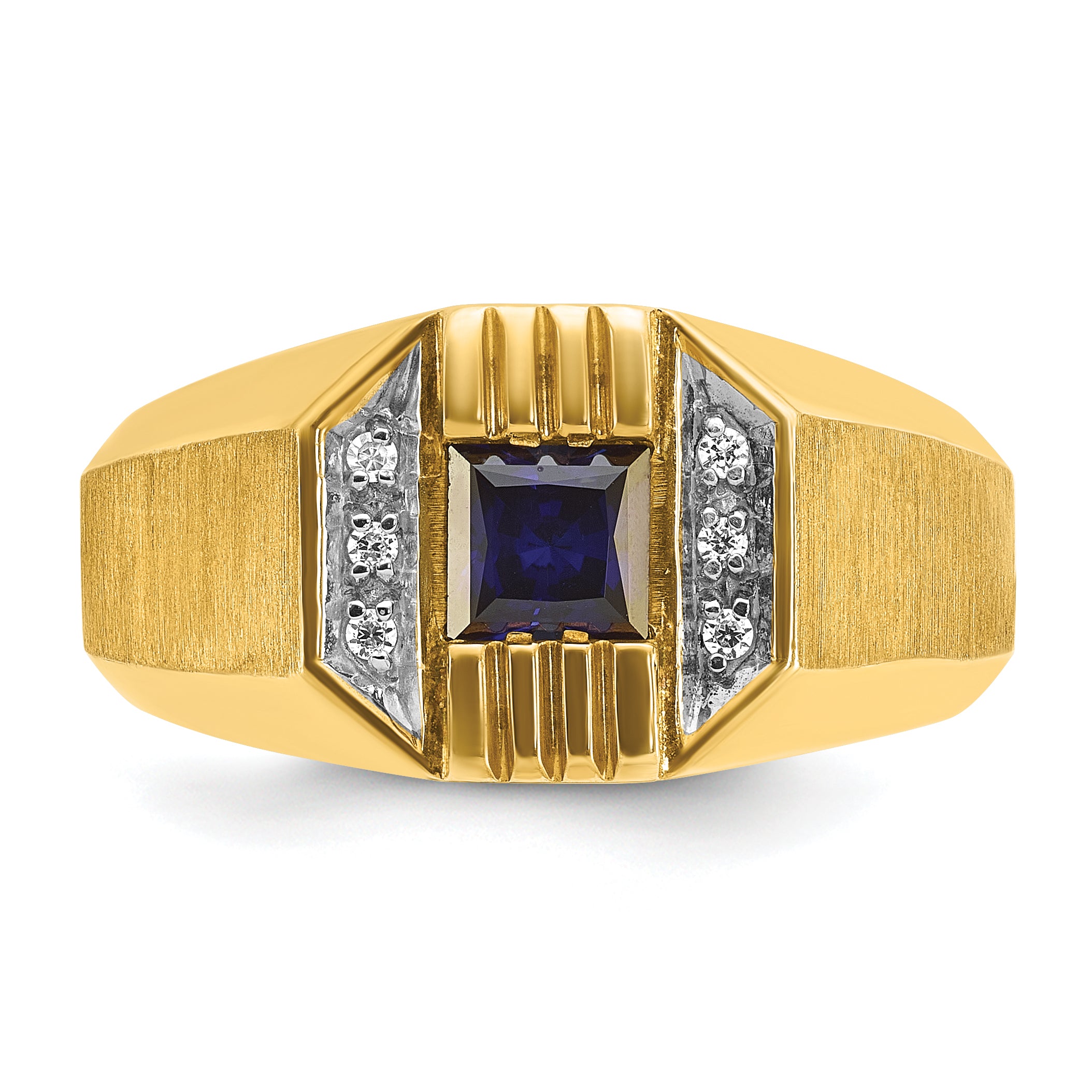 14k Yellow Gold Men's Created Sapphire and 1/20 carat Diamond Satin Complete Ring