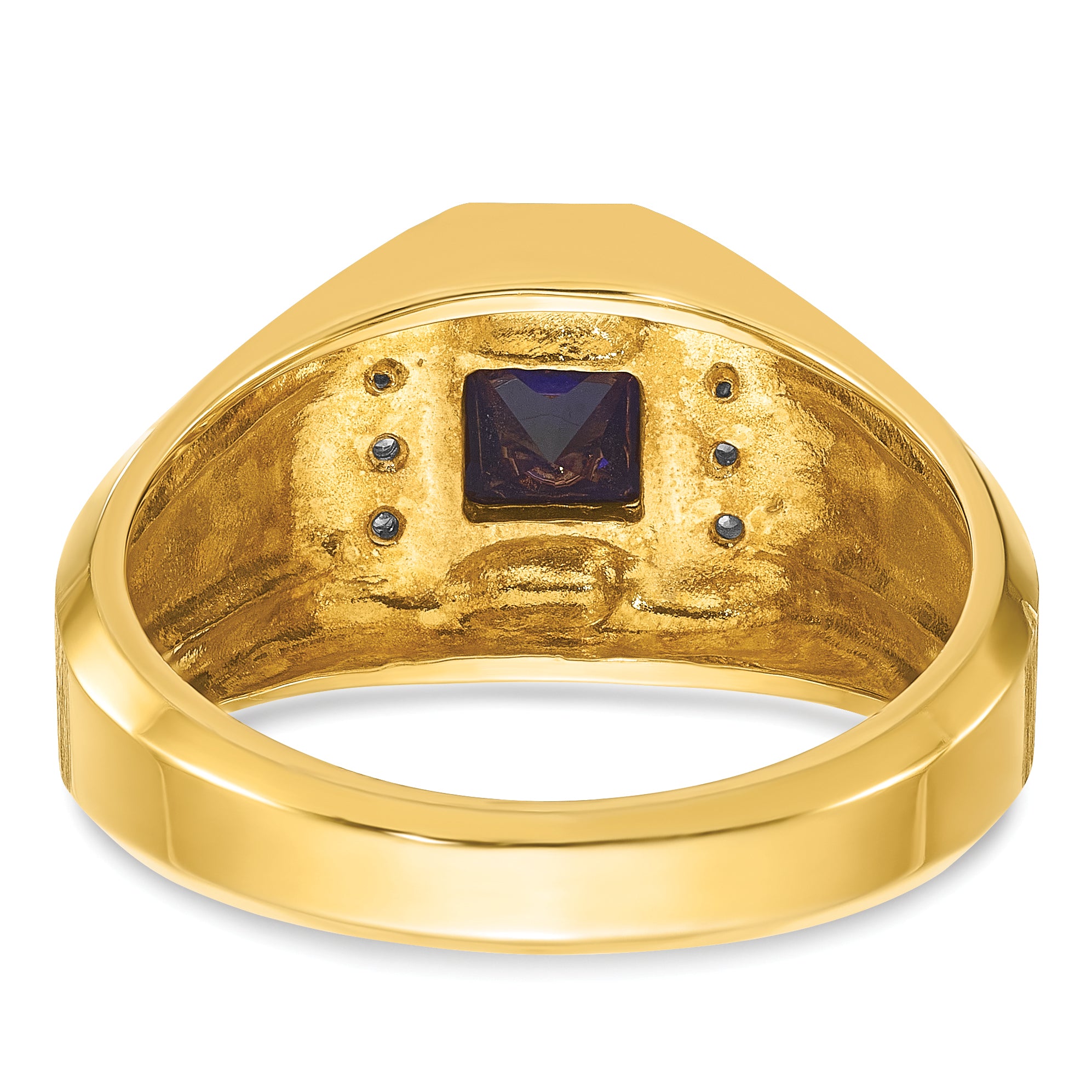 14k Yellow Gold Men's Created Sapphire and 1/20 carat Diamond Satin Complete Ring