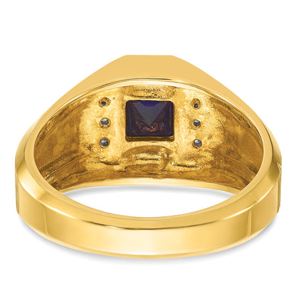 14k Yellow Gold Men's Created Sapphire and 1/20 carat Diamond Satin Complete Ring