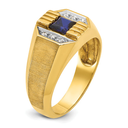 14k Yellow Gold Men's Created Sapphire and 1/20 carat Diamond Satin Complete Ring
