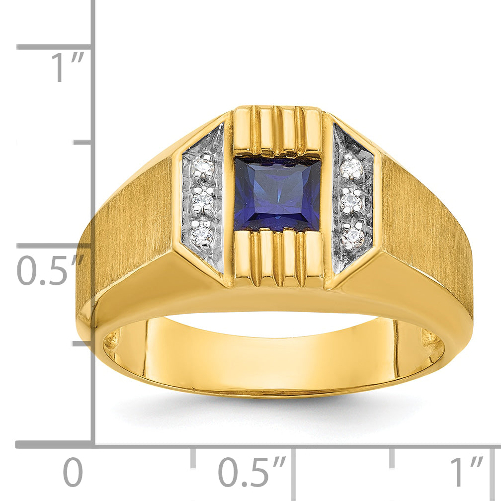 14k Yellow Gold Men's Created Sapphire and 1/20 carat Diamond Satin Complete Ring