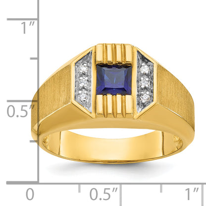 14k Yellow Gold Men's Created Sapphire and 1/20 carat Diamond Satin Complete Ring