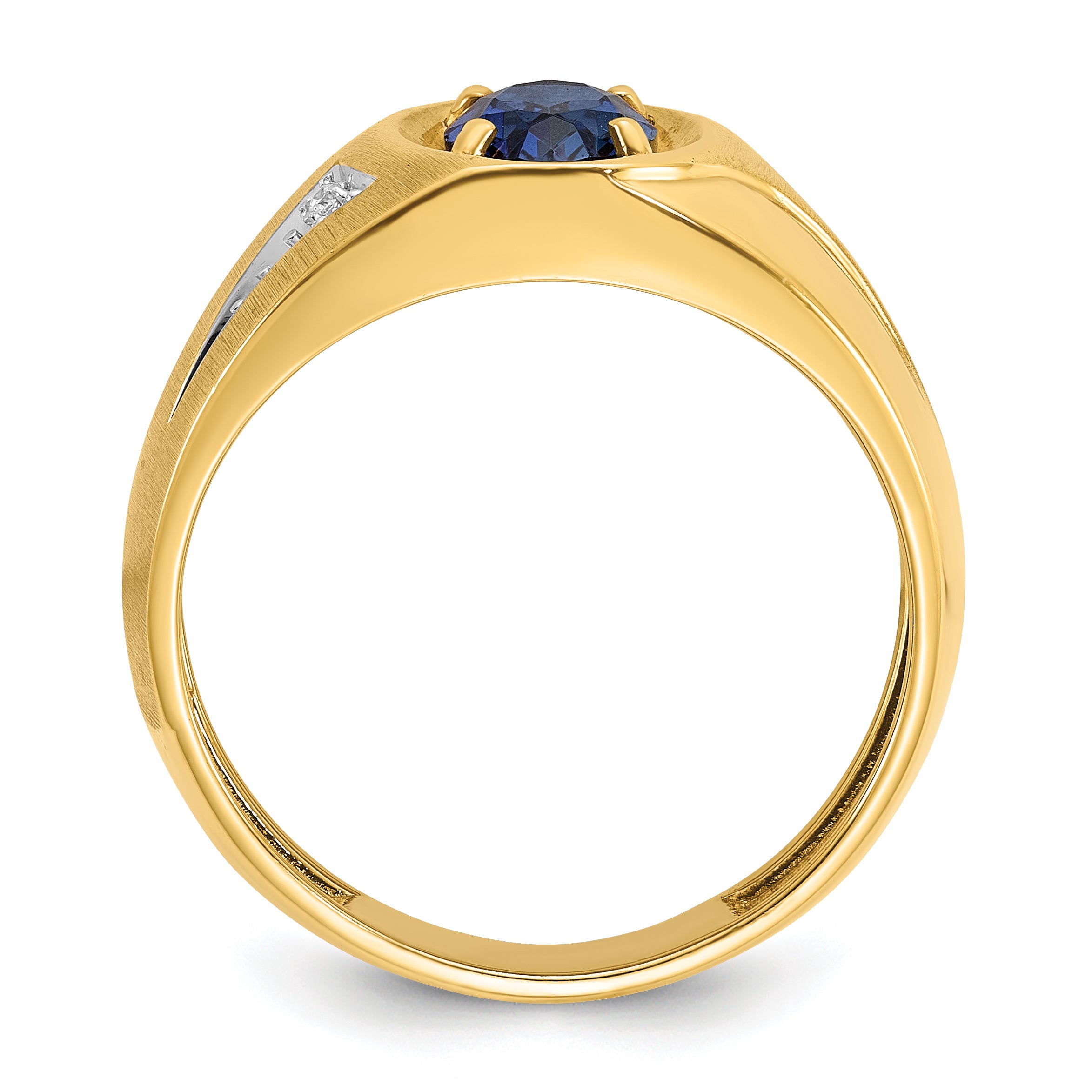 14k Yellow Gold Men's Created Sapphire and Diamond Satin Complete Ring