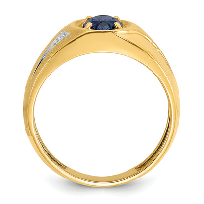 14k Yellow Gold Men's Created Sapphire and Diamond Satin Complete Ring