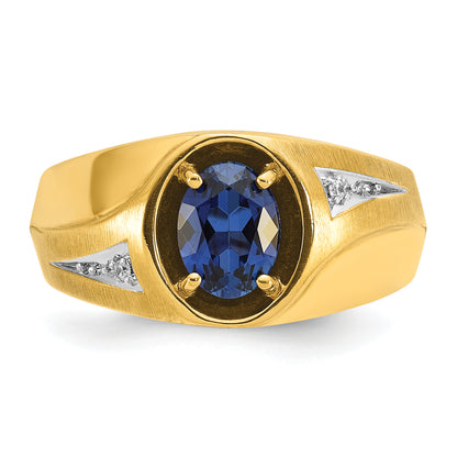 14k Yellow Gold Men's Created Sapphire and Diamond Satin Complete Ring