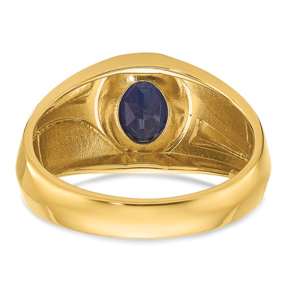 14k Yellow Gold Men's Created Sapphire and Diamond Satin Complete Ring