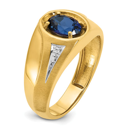 14k Yellow Gold Men's Created Sapphire and Diamond Satin Complete Ring