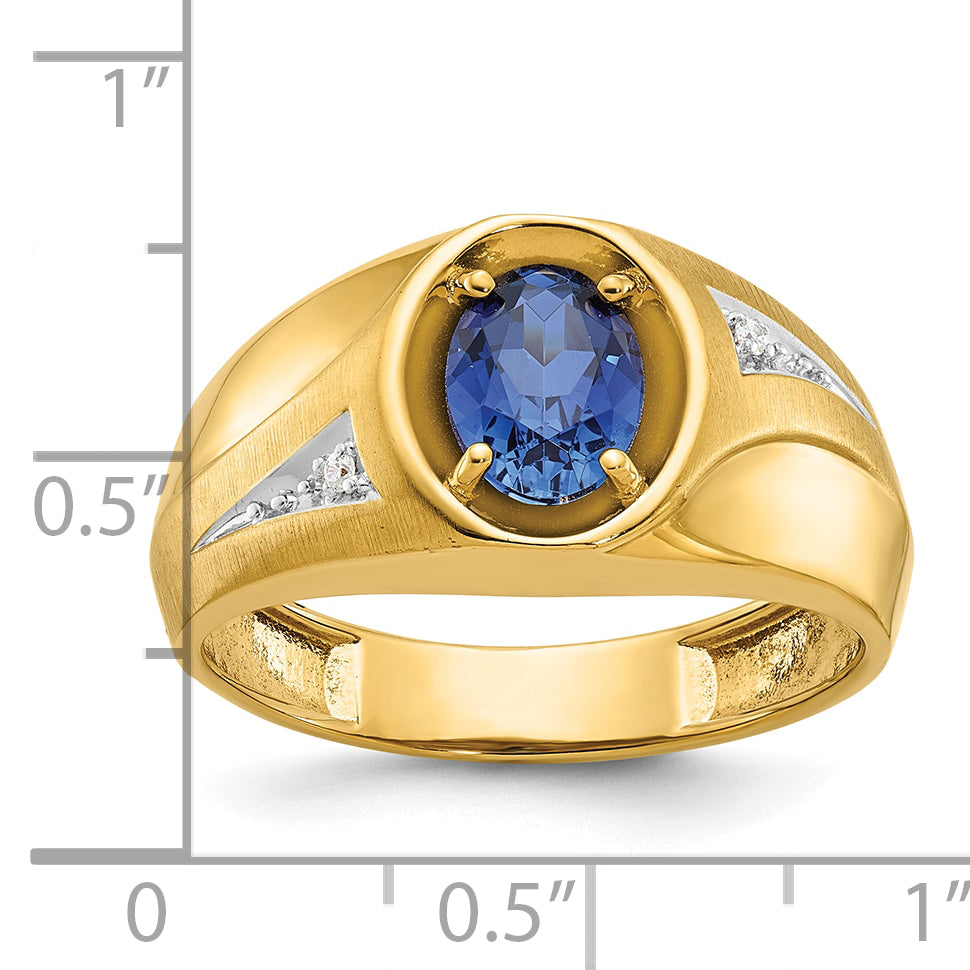 14k Yellow Gold Men's Created Sapphire and Diamond Satin Complete Ring