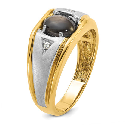 10K Two-Tone Ibgoodman Men'S Polished Satin And Grooved Black Star Sapphire A Quality Diamond Ring