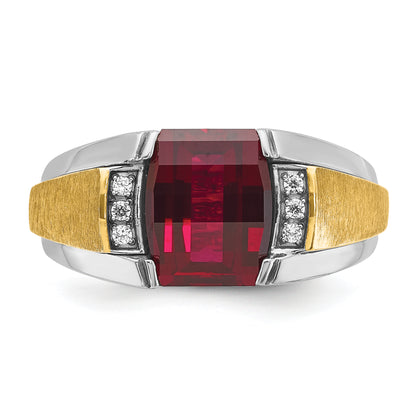 14k Two-tone Gold Men's Satin Created Ruby and 1/20 carat Diamond Complete Ring