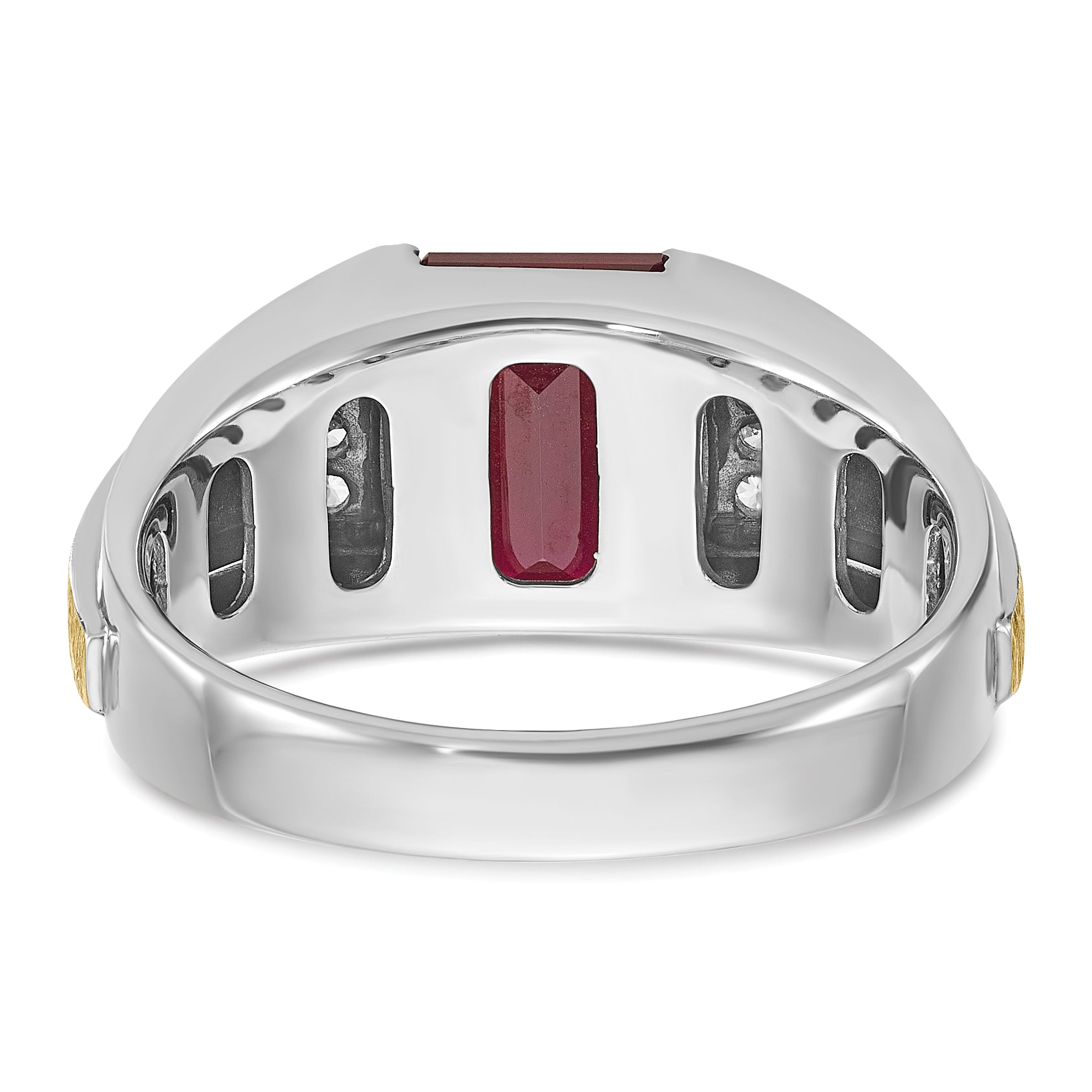 14k Two-tone Gold Men's Satin Created Ruby and 1/20 carat Diamond Complete Ring