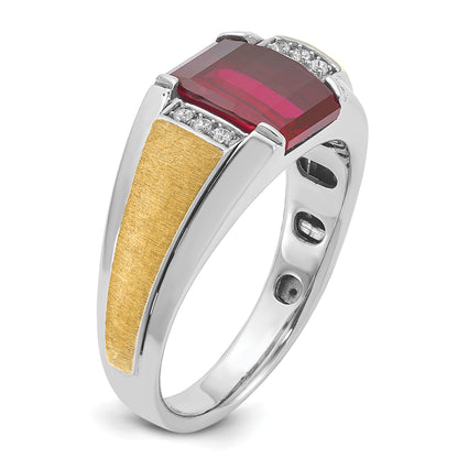 14k Two-tone Gold Men's Satin Created Ruby and 1/20 carat Diamond Complete Ring
