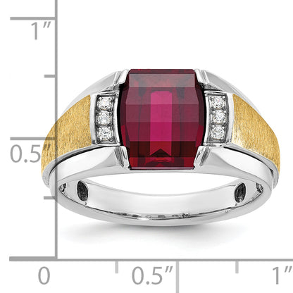 14k Two-tone Gold Men's Satin Created Ruby and 1/20 carat Diamond Complete Ring