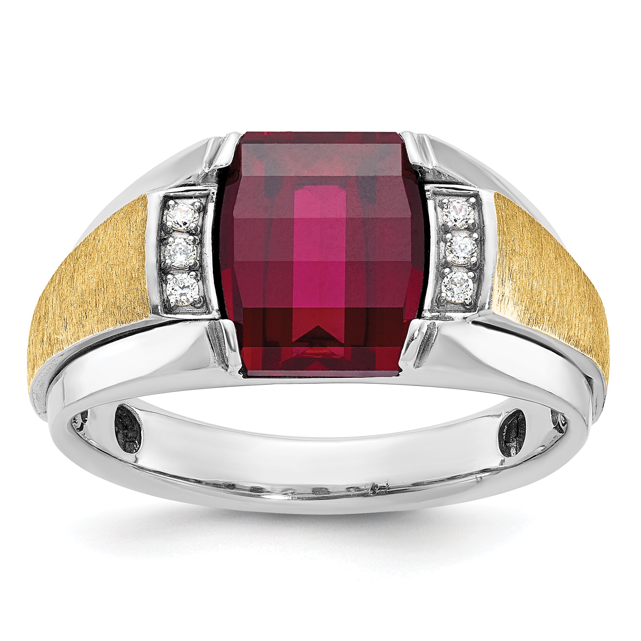 14k Two-tone Gold Men's Satin Created Ruby and 1/20 carat Diamond Complete Ring