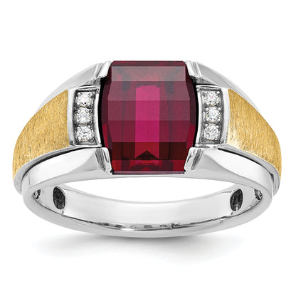 14k Two-tone Gold Men's Satin Created Ruby and 1/20 carat Diamond Complete Ring