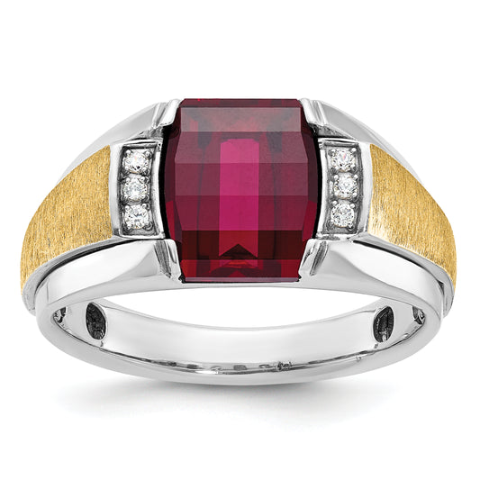 14k Two-tone Gold Men's Satin Created Ruby and 1/20 carat Diamond Complete Ring