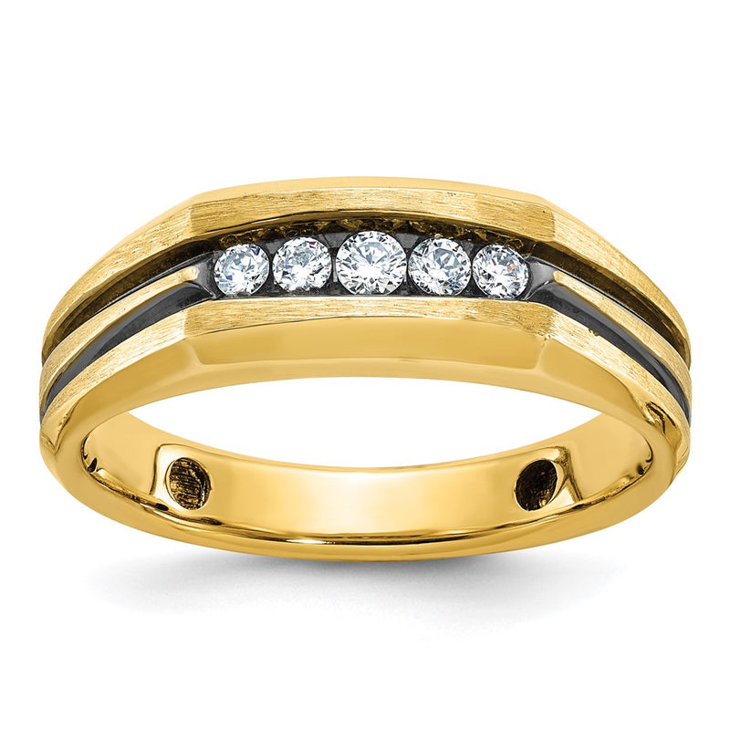 10K Yellow Gold Ibgoodman With Black Rhodium Men'S Polished Satin And Grooved 1/4 Carat A Quality Diamond 5-Stone Ring