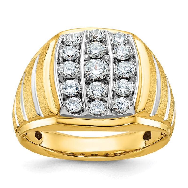 14k Two-tone Two Tone 1 Ct. Lab Grown Diamond VS/SI+ G+ Polished Satin and Grooved Men's Cluster Ring