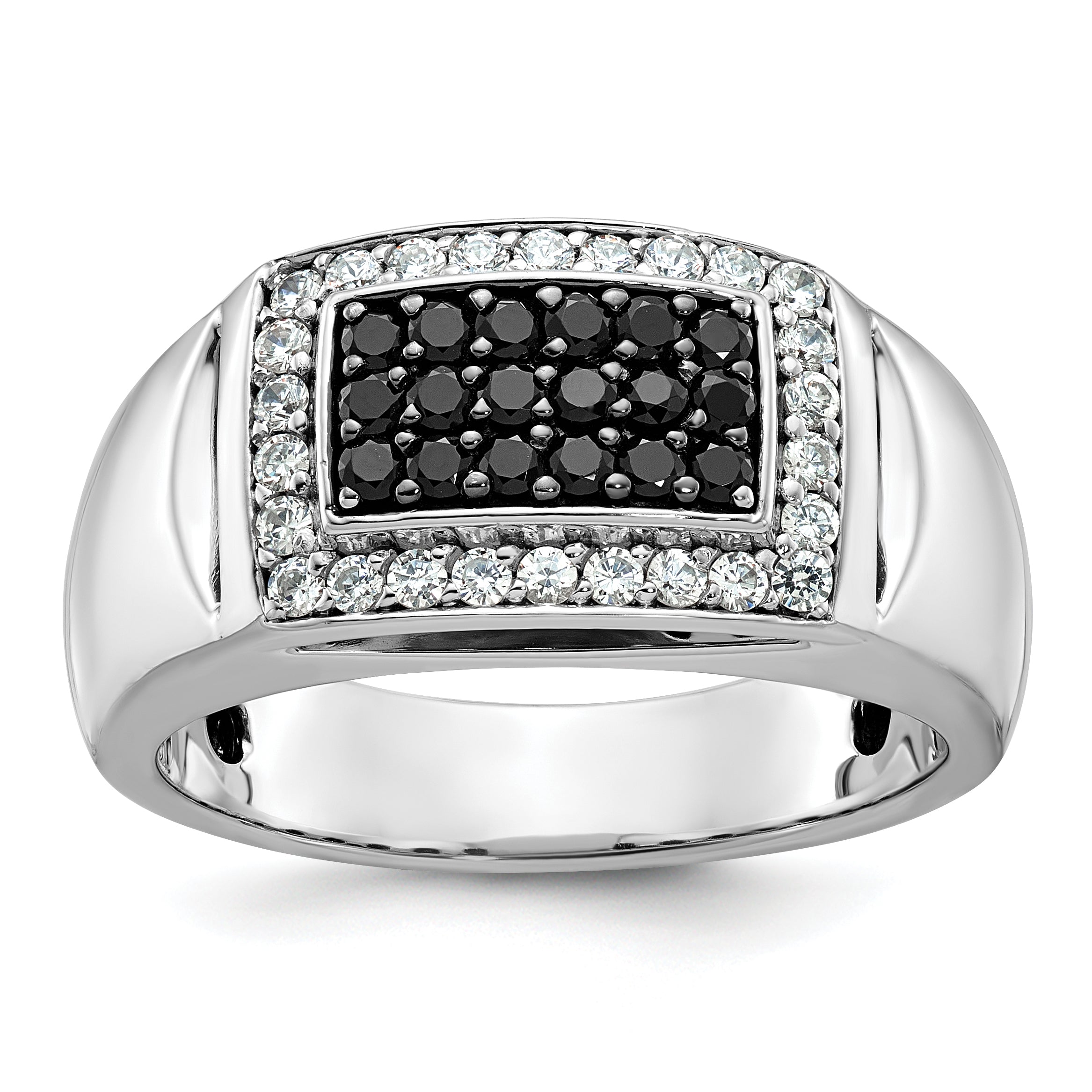 14k White Gold 3/4 Ct. Lab Grown Diamond VS/SI+ G+ and Black Mined Diamond Rectangle Cluster Men's Ring