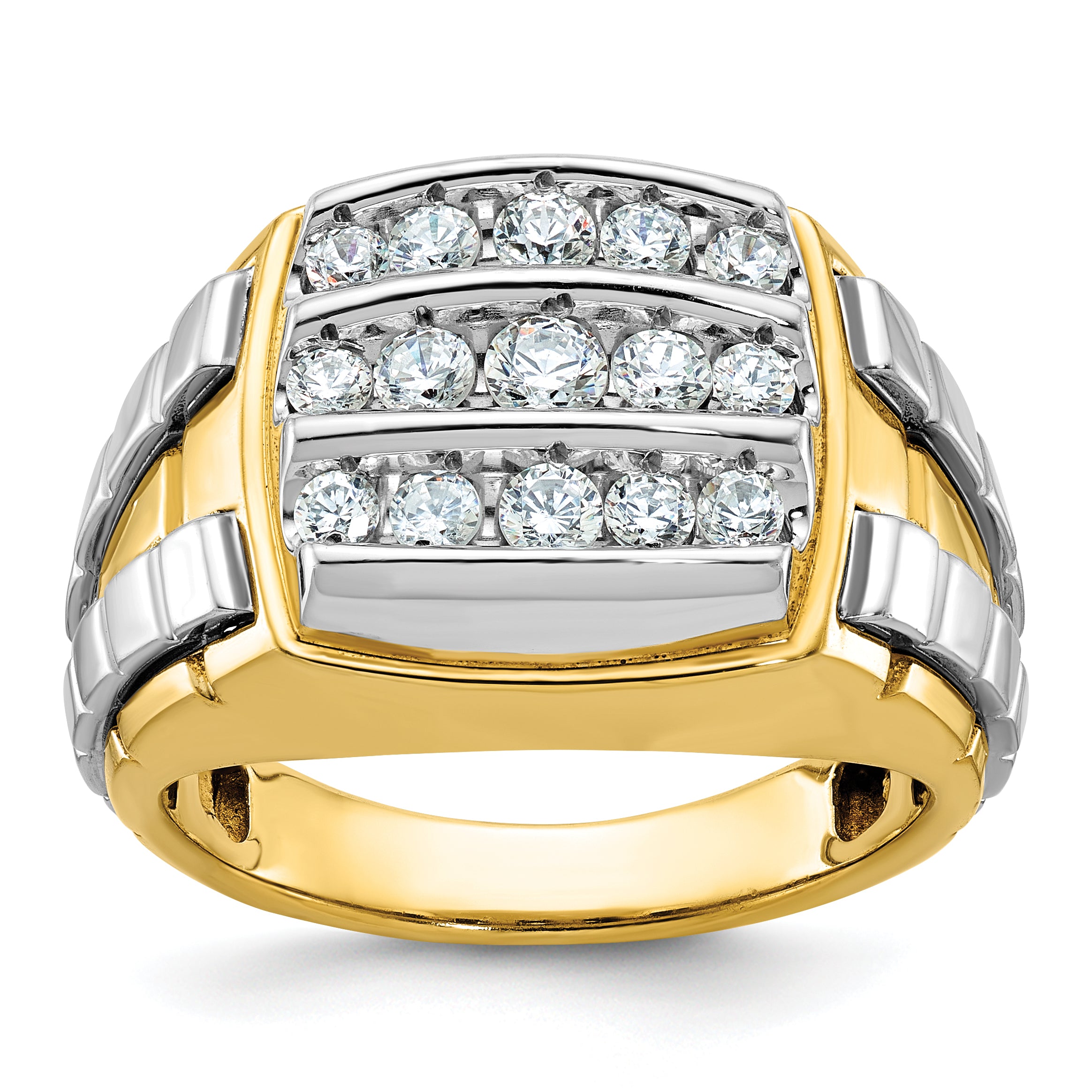 10K Two-Tone Ibgoodman Men'S Polished And Grooved 3-Row Cluster Ring Mounting