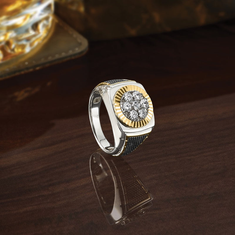 10K Two-Tone Ibgoodman Men'S Polished Textured And Diamond-Cut Round Cluster Ring Mounting
