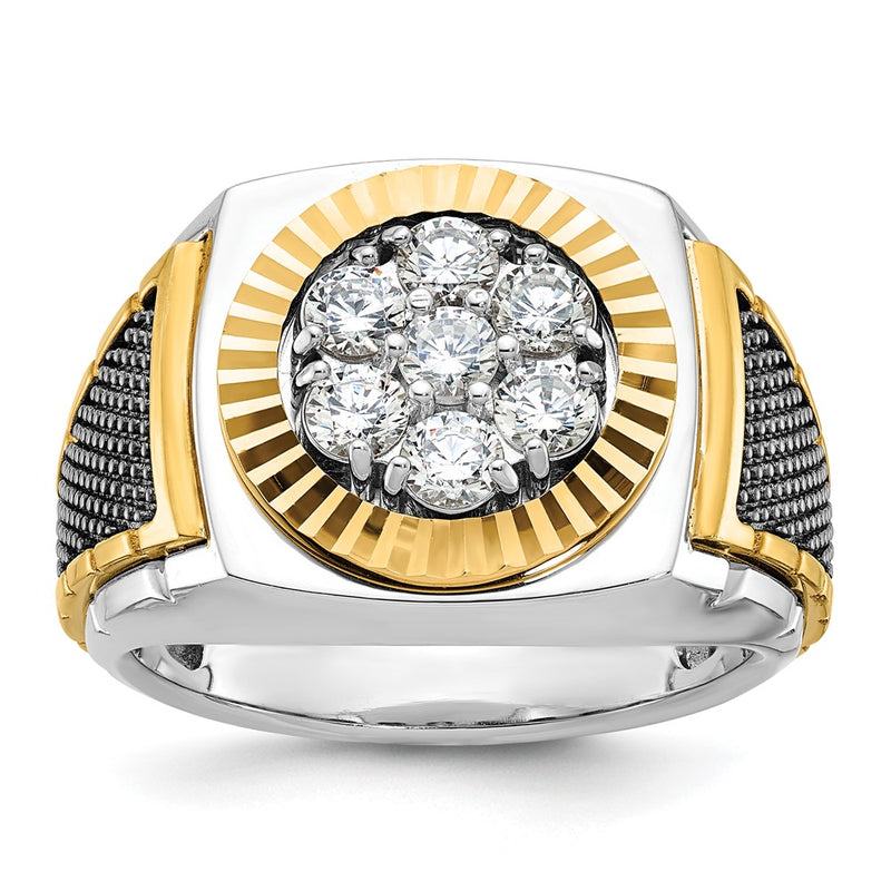10K Two-Tone Ibgoodman With Black Rhodium Men'S Polished Textured And Diamond-Cut 1 Carat A Quality Diamond Round Cluster Ring